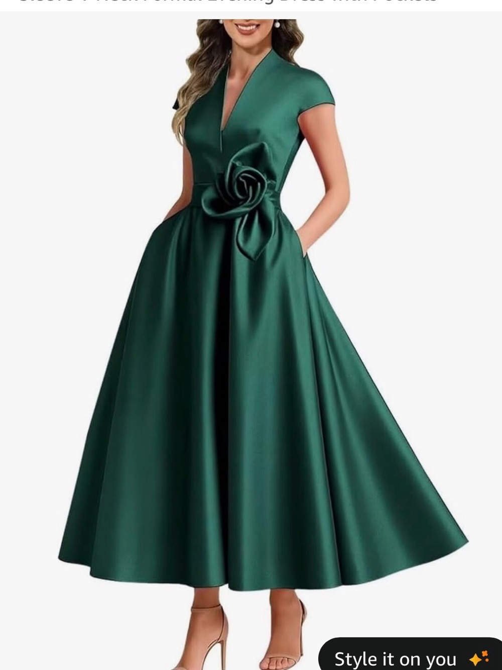 Elegant V-Neck Emerald Green Satin Midi Dress with Floral Waist Detail